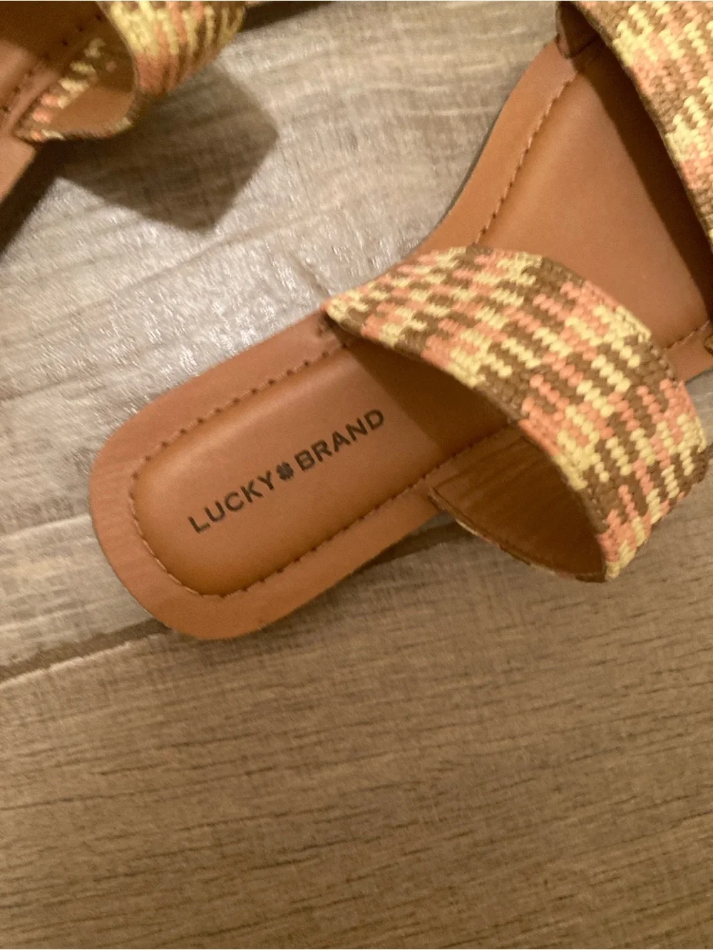 Lucky Brand Tan Slide Sandals with Yellow & Brown Woven Straps - Picture 2 of 3
